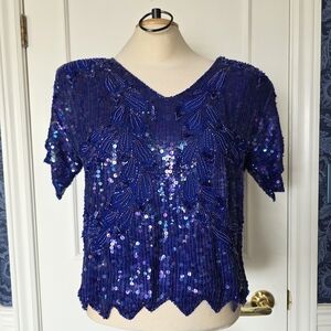 Hamells cobalt blue short sleeve sequined beaded blouse - Sz Sm to Med